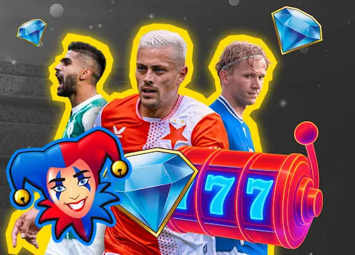 Grafika s fotbalisty, diamanty, slotovým automatem a symbolem Jokera