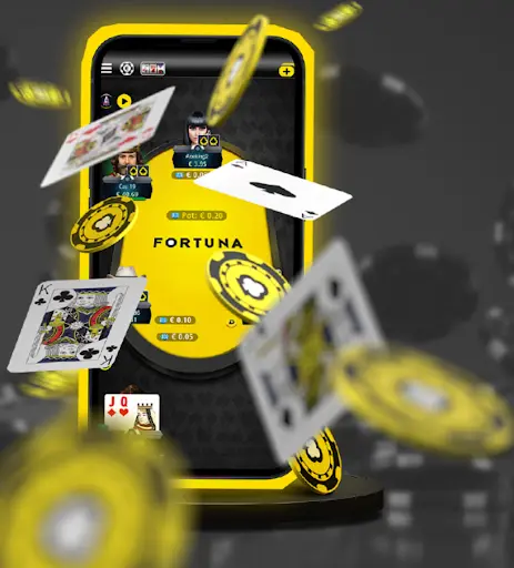 Mobilní aplikace Fortuna s pokerovými kartami a žetony