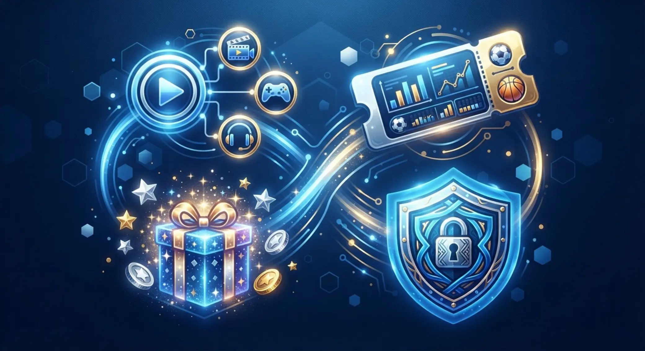 Koláž oblastí specializace: hry, bonusy, sportovní data a bezpečnost