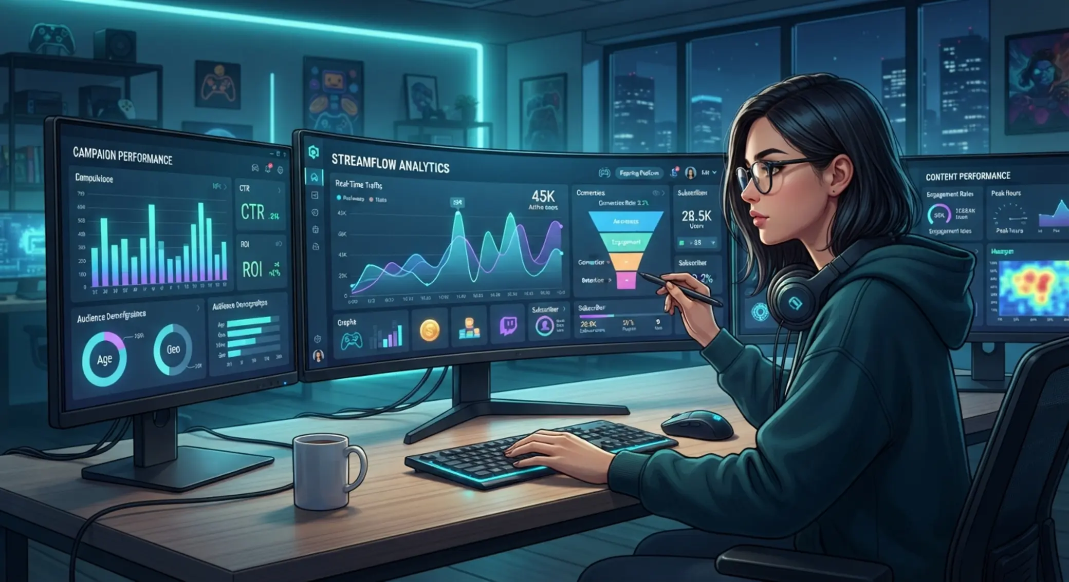 Ilustrace experta pracujícího s daty a marketingovými dashboardy