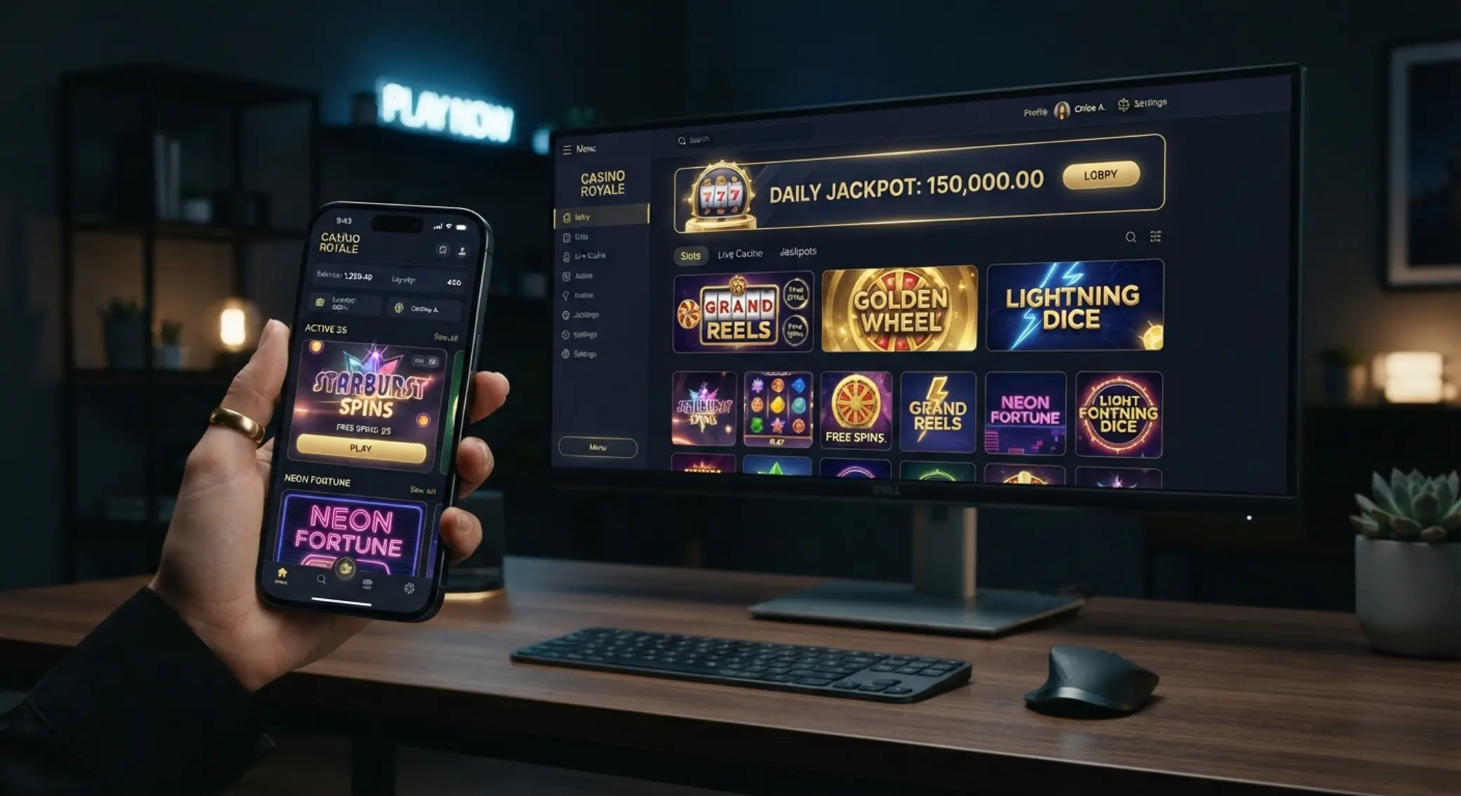 Lobby online platformy na mobilu a desktopu s akcentem na bonus bez vkladu