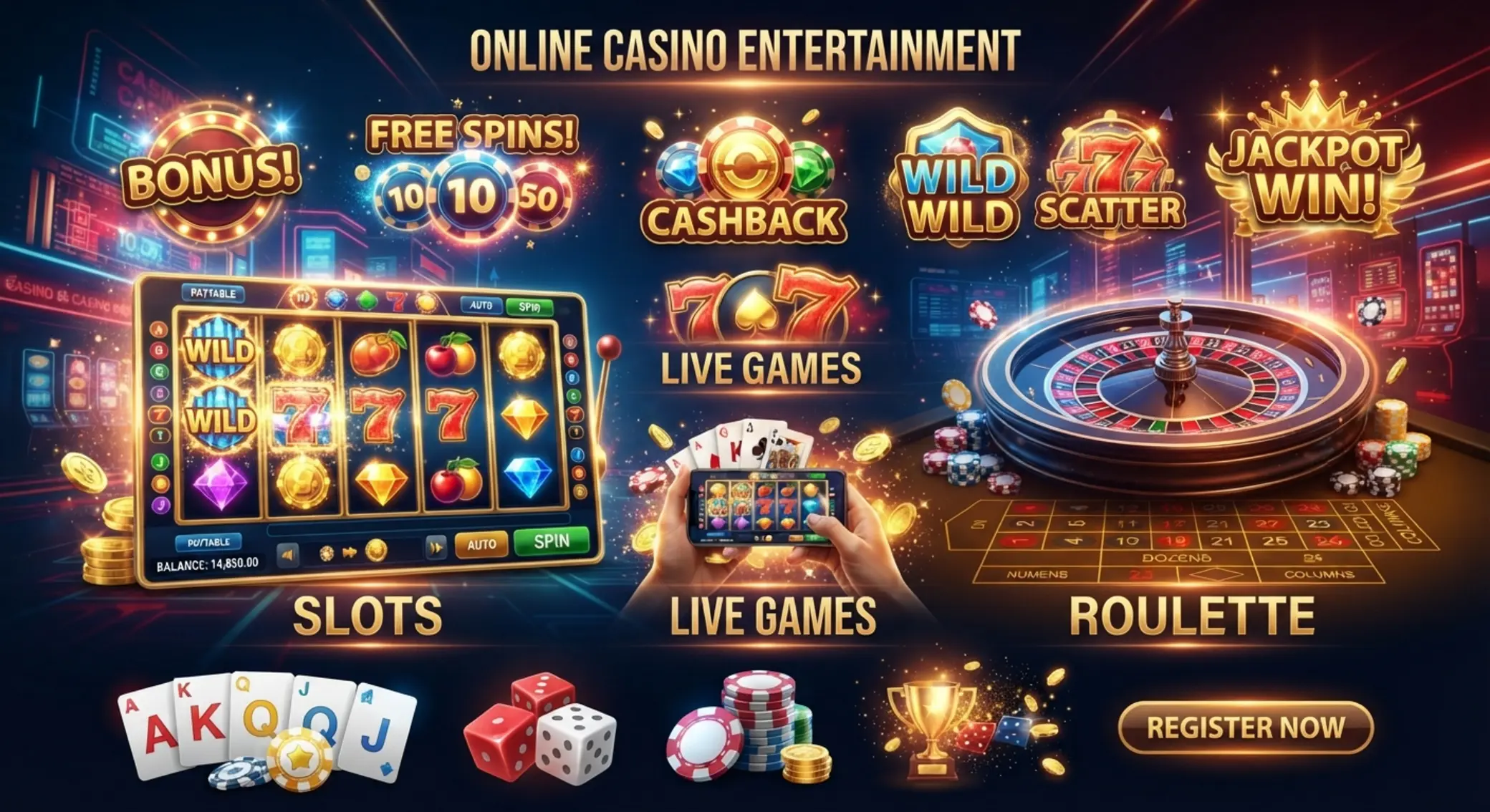 Koláž herních prvků s ikonami bonus a free spins
