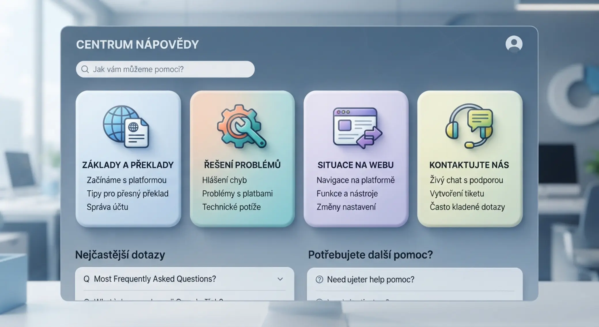 Přehled sekcí centra nápovědy v podobě dashboardu s kartami témat