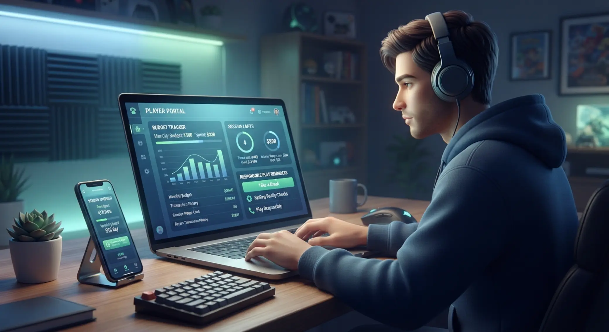 Hráč sleduje rozpočet a limity při online hraní na notebooku a mobilu