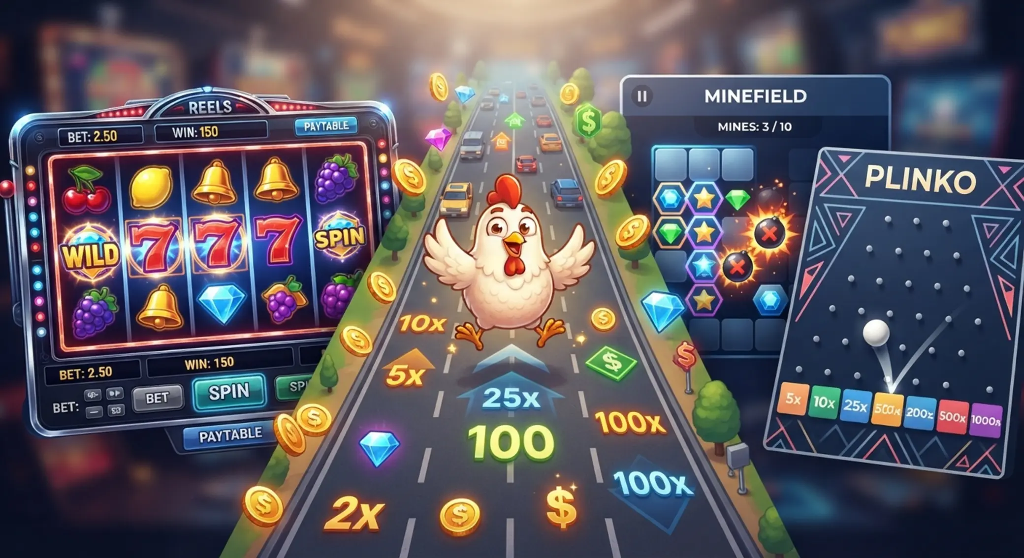 Koláž her podobných Chicken Game včetně slotů a arkádních formátů