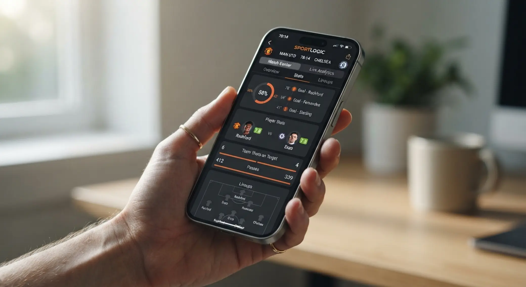 Telefon v ruce se sportovní obrazovkou mobilní aplikace