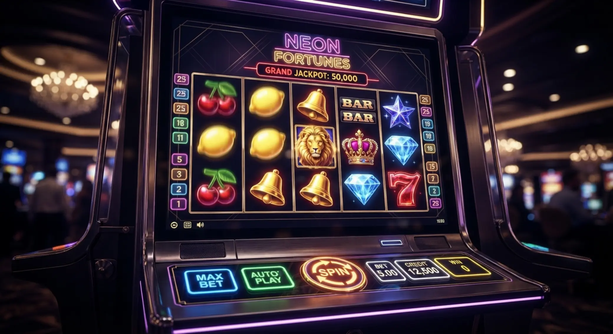 Moderní výherní automat se symboly a roztočenými válci