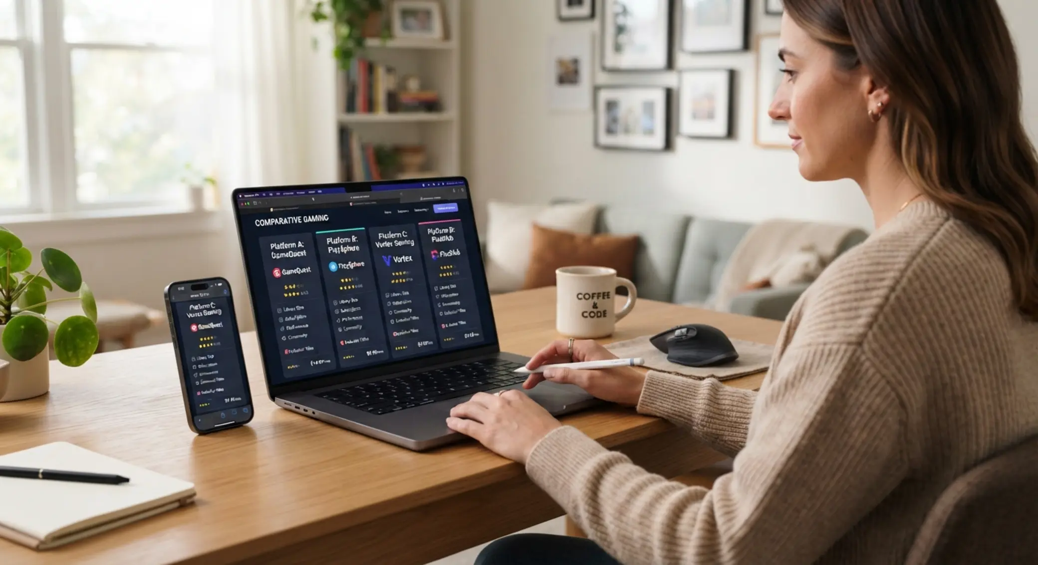 Hráč porovnává několik online casin na notebooku a mobilu