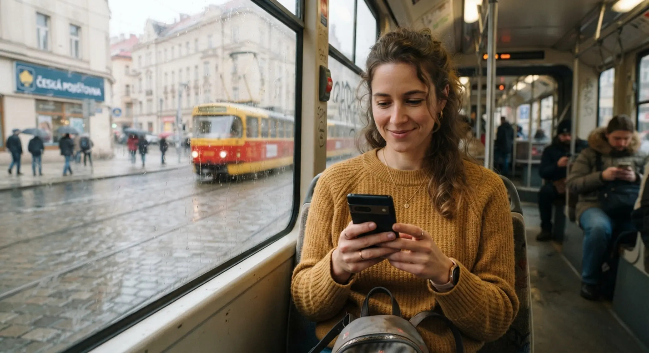 Pohodlí mobilního hraní na cestách Hráč používá telefon s mobilní herní platformou v tramvaji nebo kavárně