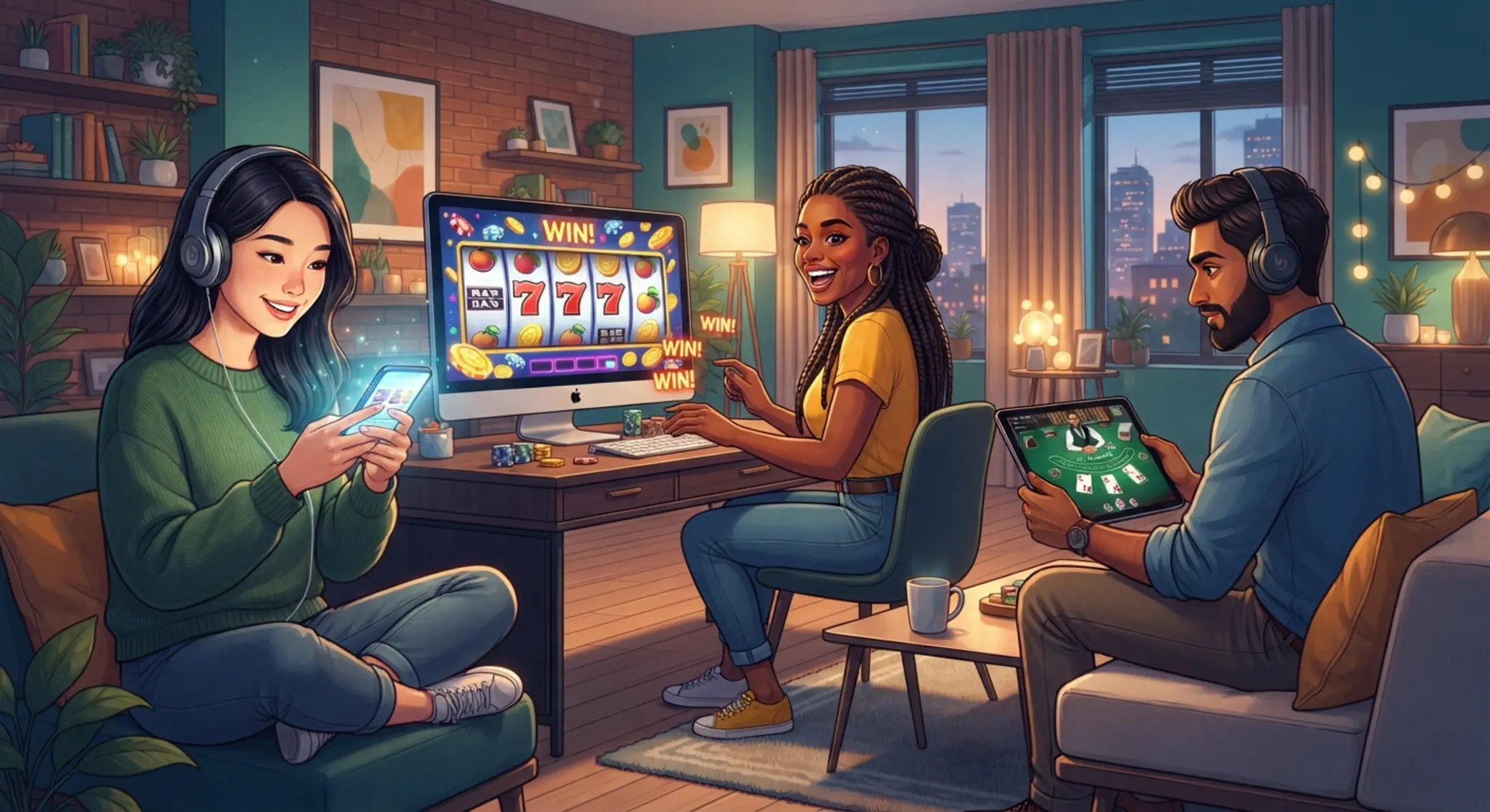 Ilustrace různých typů hráčů na mobilu, automatech a live hrách
