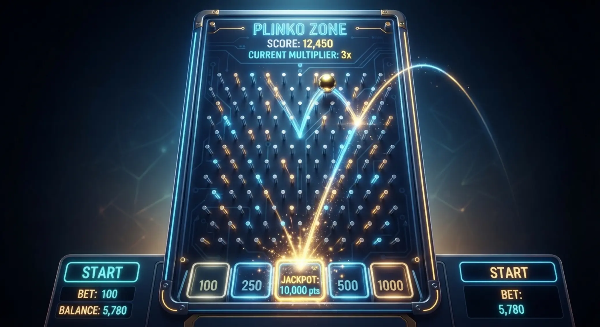 Schéma Plinko desky s míčkem v pohybu a zvýrazněnou přihrádkou