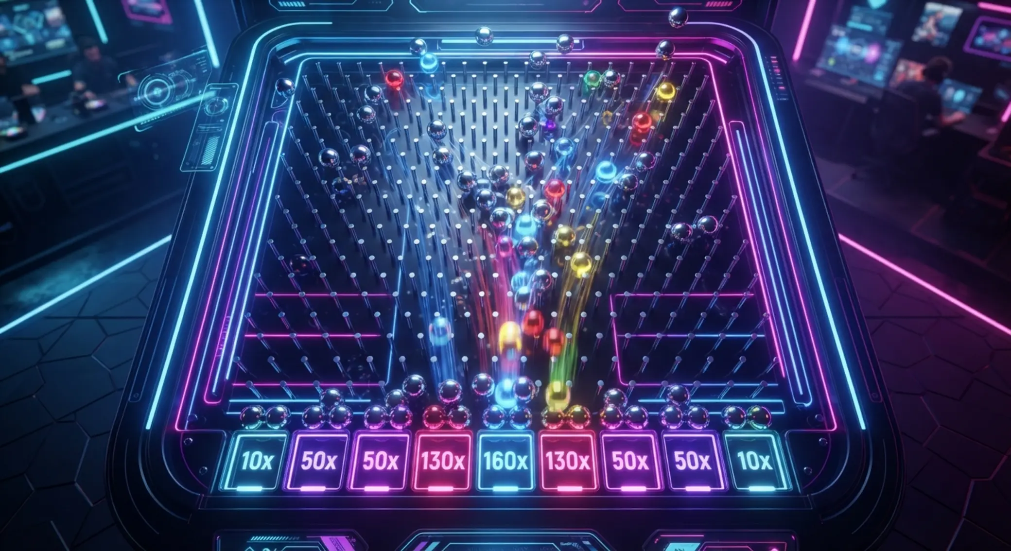 Plinko deska s barevnými míčky a přihrádkami s multiplikátory