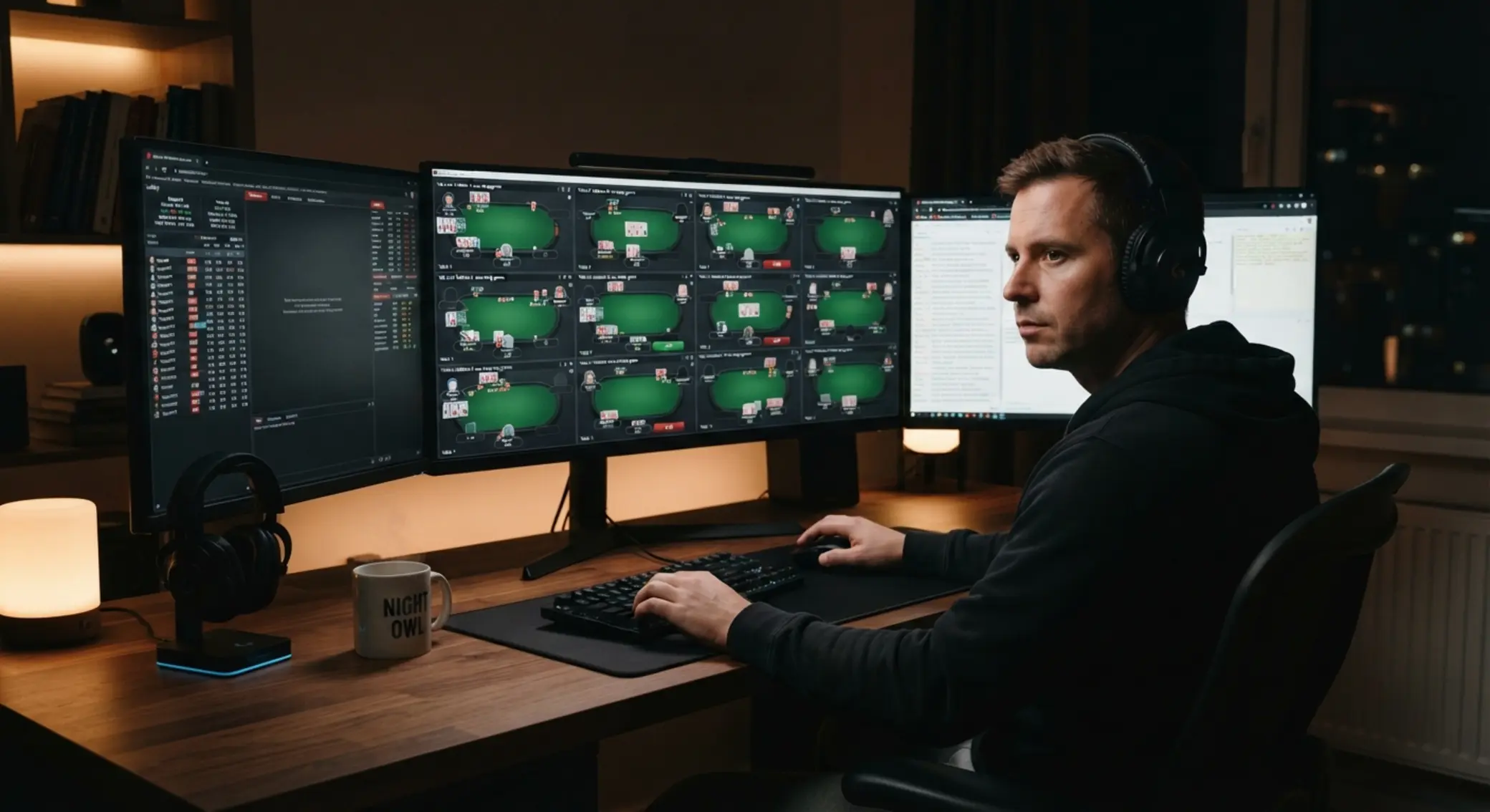Hráč u stolního počítače s několika otevřenými pokerovými stoly