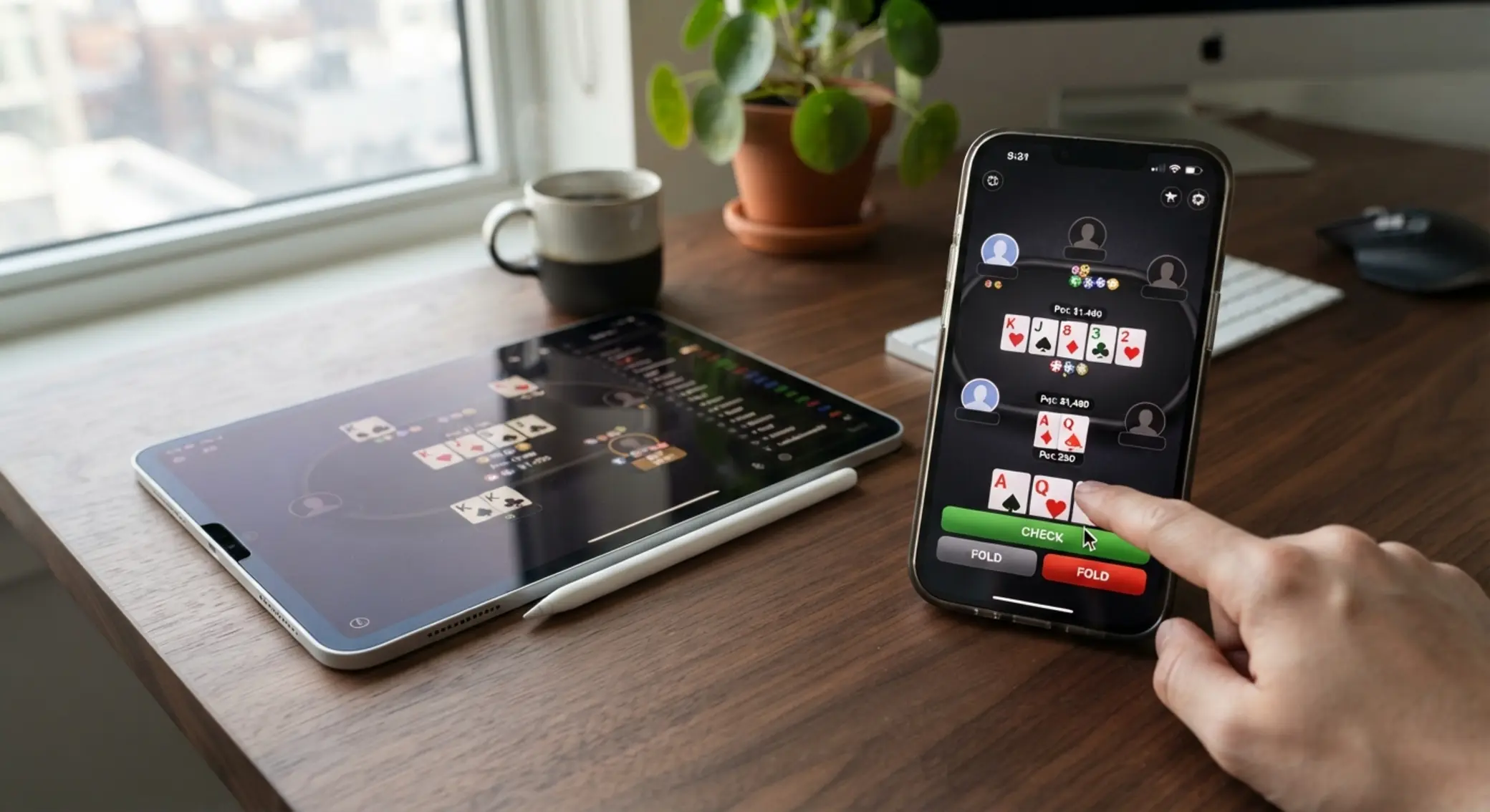 Smartphone a tablet s otevřeným online pokerovým stolem