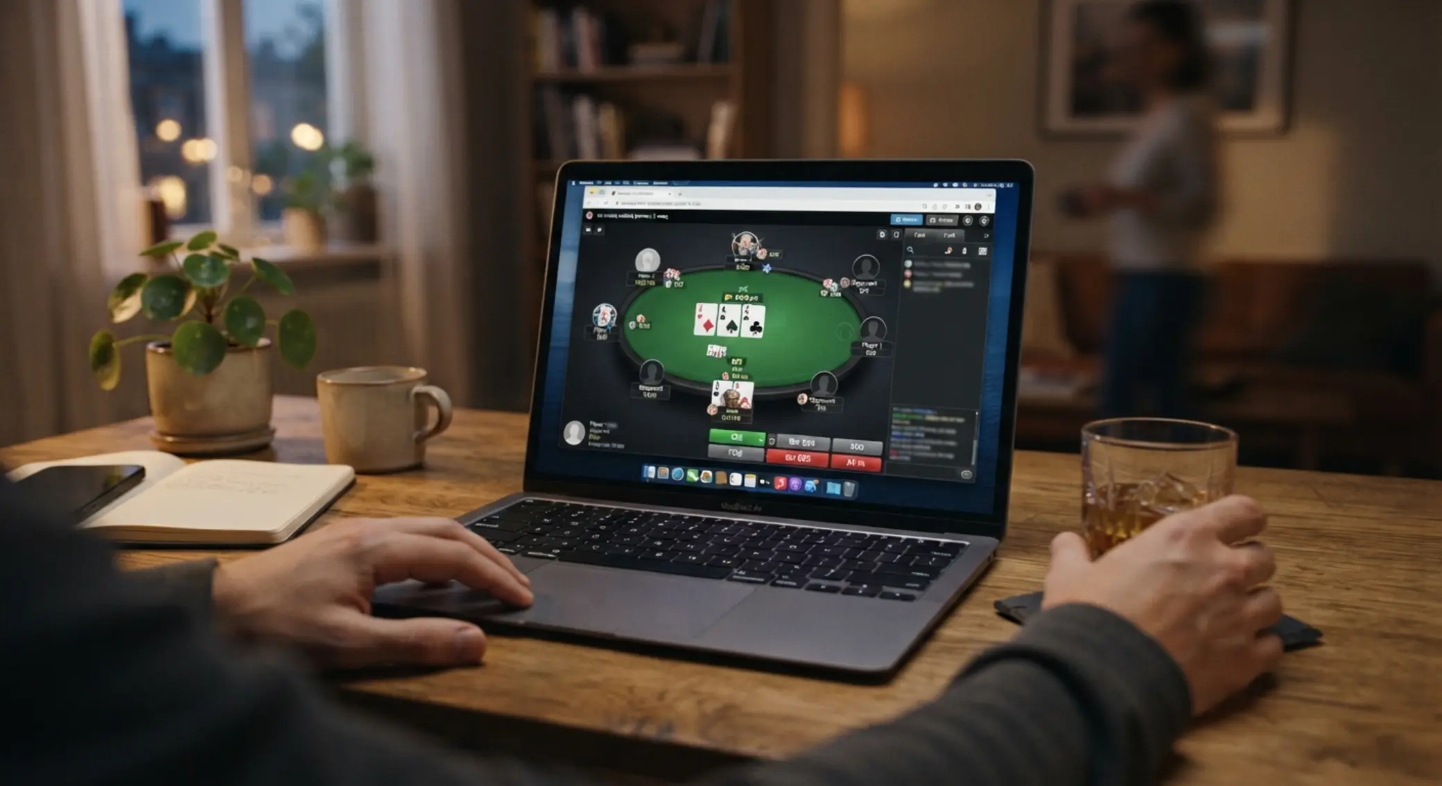 Notebook s otevřeným online pokerovým stolem v prohlížeči