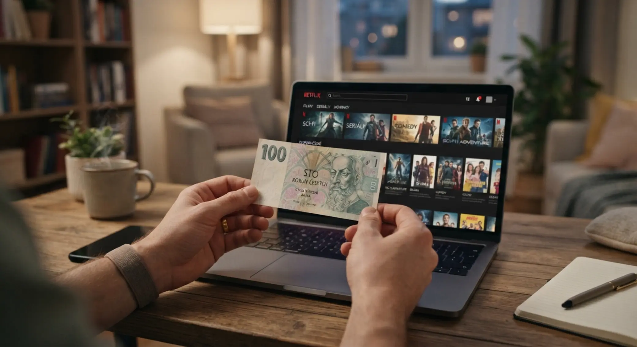 Ruce s bankovkou 100 Kč před obrazovkou online herní platformy