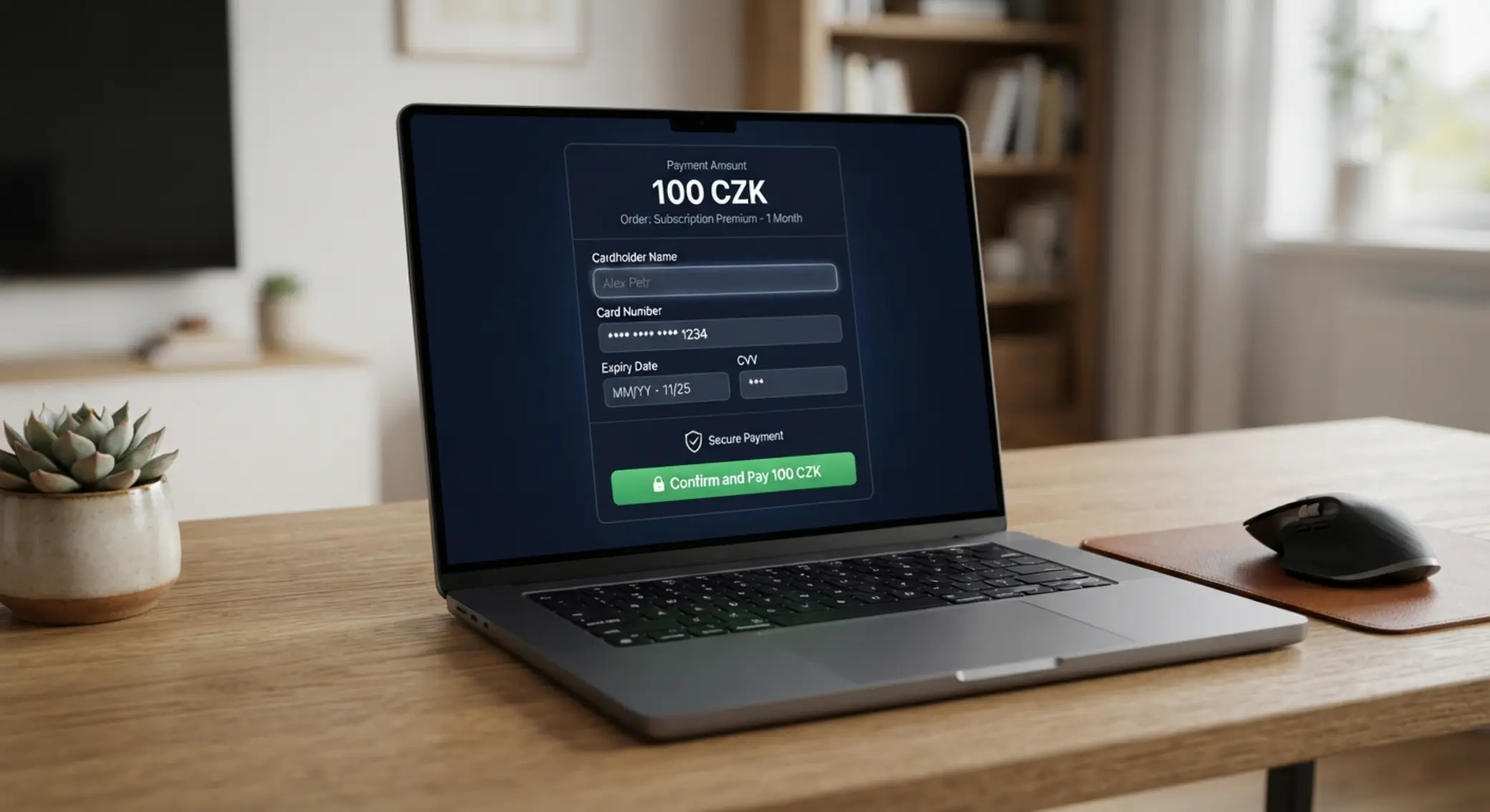 Platební formulář s částkou 100 Kč pro vklad kartou