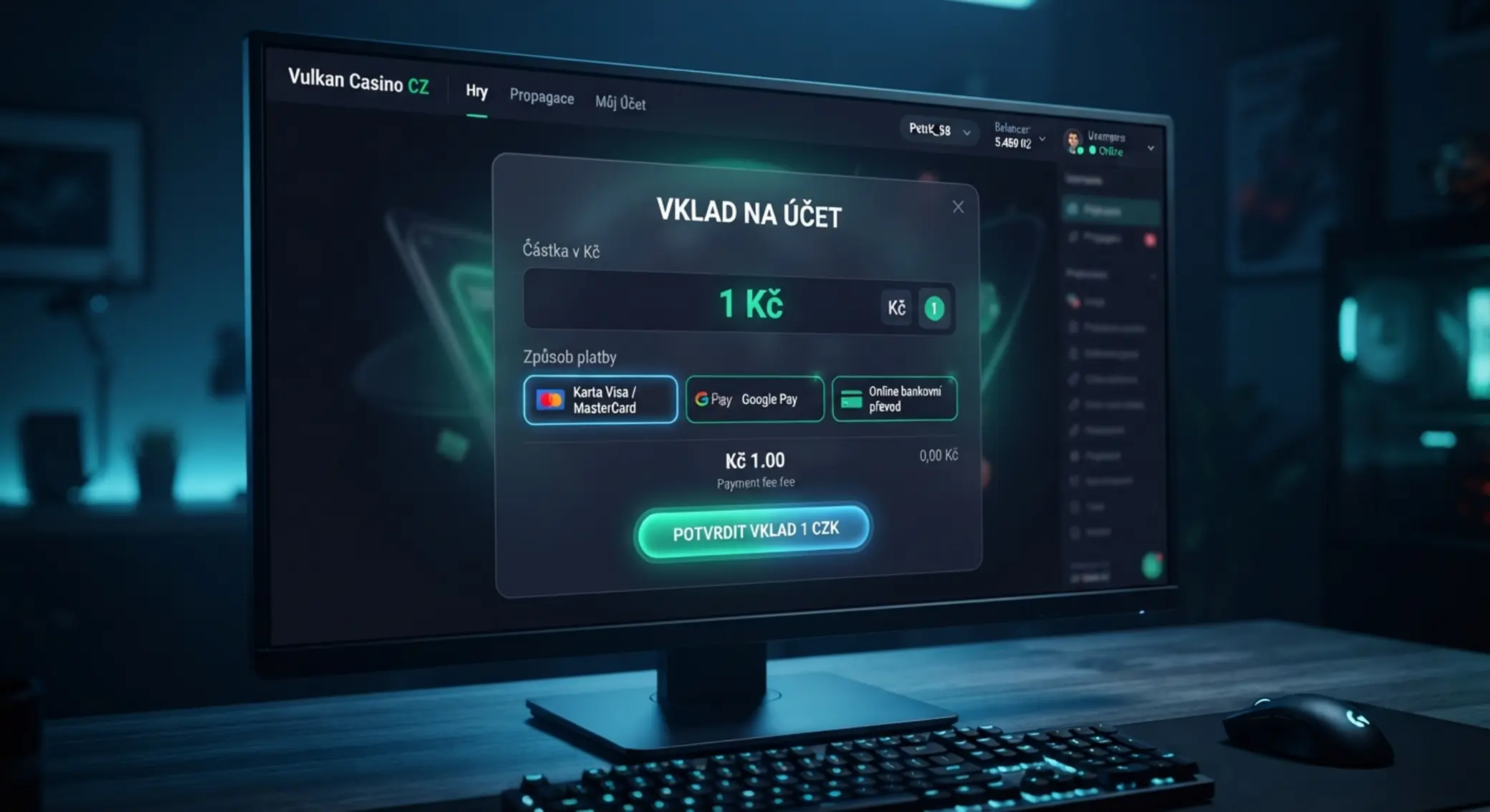 Stylizovaný formulář vkladu s částkou 1 Kč