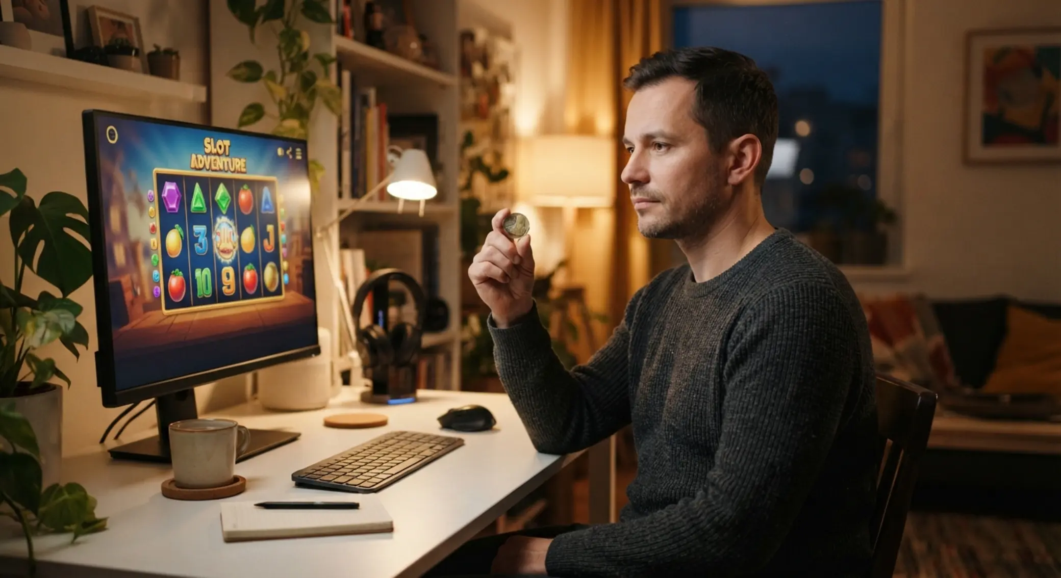 Hráč s mincí 50 Kč u obrazovky s automatem
